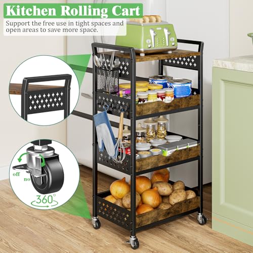 4 Tier Bathroom Storage Cart - Kitchen Rolling Cart on Wheels, Metal Snack Cart Pantry Floor Organizer with Hooks and Mesh Basket, Black Utility Trolley Rack for Fruit Coffee Craft Makeup