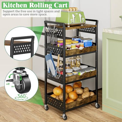 4 Tier Bathroom Storage Cart - Kitchen Rolling Cart on Wheels, Metal Snack Cart Pantry Floor Organizer with Hooks and Mesh Basket, Black Utility Trolley Rack for Fruit Coffee Craft Makeup