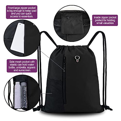 BeeGreen Black Drawstring Backpack Gym Bag For Men Women String Sports Backpack With Water Bottle Mesh Pockets And 2 Zippered Pocket Large Cinch Sackpack Workout Bag 16" x 20" - color: Black, style: Drawstring With Mesh Pocket