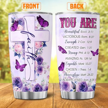 Christian Gifts for Women of Faith, Purple Butterfly Floral Cross Design 20oz Stainless Steel Insulated Tumbler, Religious Inspirational Bible Verse Travel Cup for Mom, Sister, Friend - color: Faith and Bible Verse