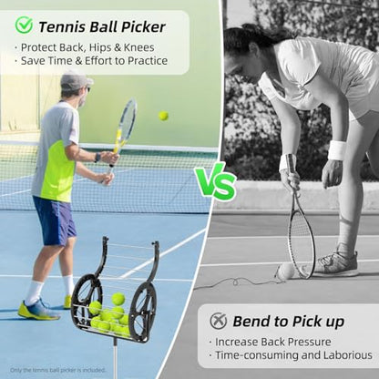 Tennis Ball Picker, 2 in 1 Tennis Rolling Collector Basket with 80 Balls Capacity, Automatic Ball Hopper with Adjustable Height, Funnel Grabber with Handle, for School, Gym, Club