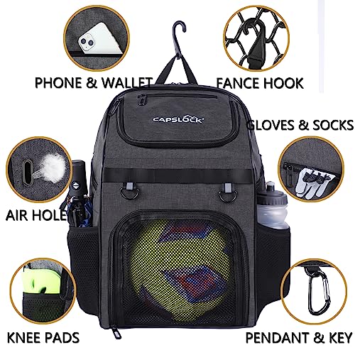 CapsLock Youth Soccer Bag - Boys Girls Soccer Backpack & Bags for Basketball, Volleyball & Football | Includes Separate Cleat and Ball Compartment, and Convenient Fence Hook.