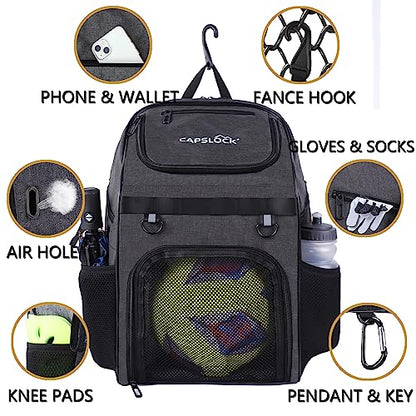 CapsLock Youth Soccer Bag - Boys Girls Soccer Backpack & Bags for Basketball, Volleyball & Football | Includes Separate Cleat and Ball Compartment, and Convenient Fence Hook.