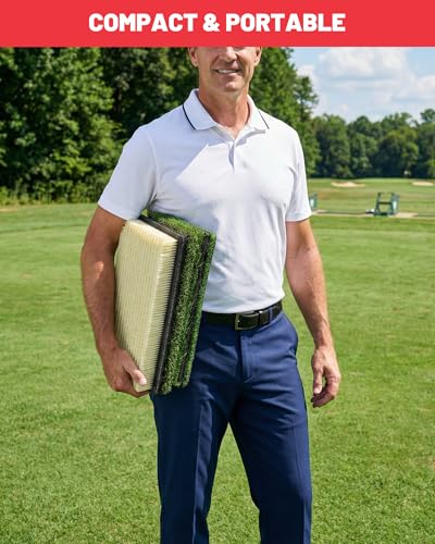4-in-1 Golf Hitting Mat, Golf Practice Mat with Fairway, Rough, Sand & Tee Turf, Indoor Outdoor Golf Training Mat for Driving, Chipping & Putting with Golf Mat Tees