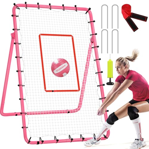 6-Angle Adjustable Volleyball Rebounder Net 7x4ft, High Stable Bounce Back Training Equipment for Practicing Volleying Bumping Spiking with High-Tension Net, PU Volleyball and Pump, Stakes - color: Pink
