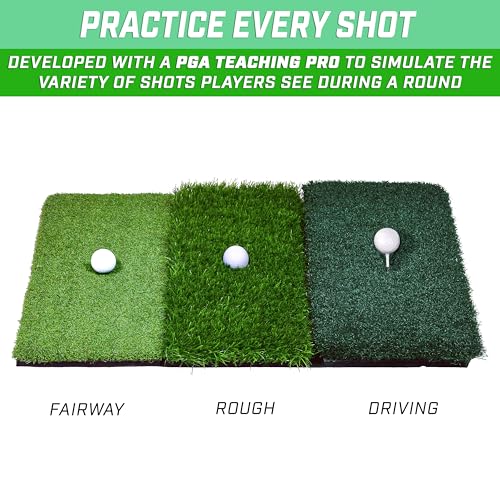 GoSports Tri-Turf XL Golf Hitting Mat – 24x24 in Golf Practice Mat for Indoor/Outdoor Training, Fairway Rough Tee Turf, Portable Golf Mat for Backyard, Garage & Golf Simulator Use