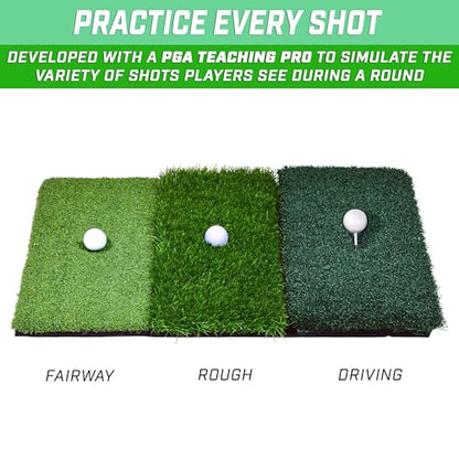 GoSports Tri-Turf XL Golf Hitting Mat – 24x24 in Golf Practice Mat for Indoor/Outdoor Training, Fairway Rough Tee Turf, Portable Golf Mat for Backyard, Garage & Golf Simulator Use