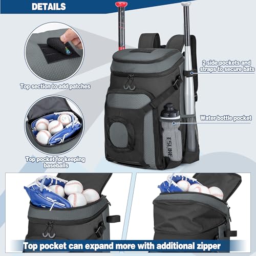 Smasrob Baseball Bag for Adult and Youth, Baseball Backpack Softball Bag with Helmet Holder, Shoe Compartment and Fence Hook - color: Gray