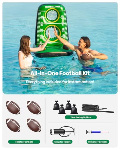 QPAU Inflatable Football Toss Game for Pool – Water Football Target with 4 Balls & 2 Pumps, Dual Net Design, Stable Base, Summer Pool Game for Kids & Adults