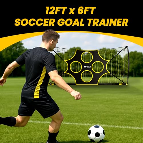 Apex Sports 12x6 FT Soccer Goal with Precision Target – Portable Soccer Net with Removable 10-Hole Target, Portable Design, Quick Setup, Ground Stakes & Collapsible Frame for Indoor/Outdoor Training
