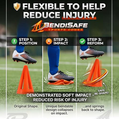 Soccer Training Cones Set of 12 - Flexible Agility Marker Cones for Soccer, Football, Hockey & Basketball Drills - 9” Tall 6” Base - High Visibility Orange Field Marker Cones - Made in USA - BendiSafe