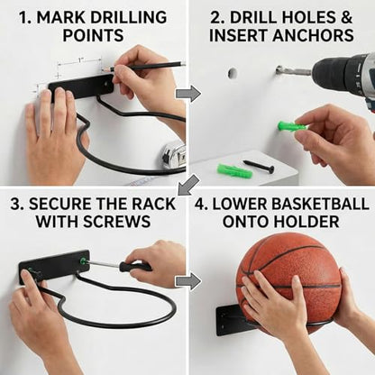 Wall Mount Ball Display Rack, Sports Ball Storage Holder for Basketball, Football, Soccer, Volleyball
