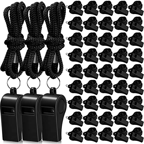Flutesan 48 Pcs Whistles Bulk with Lanyard Sports Loud Crisp Sound Whistles for Coach Referees Training Emergency - color: Black