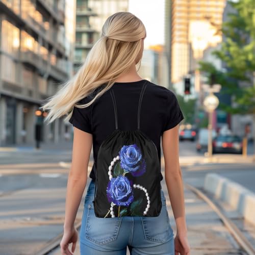 Castle Fairy Rose Flower Drawstring Backpack,Luxury Pearls Jewels Waterproof Sports Gym Bag,Princess Style Large Capacity for Travelling,Swimming,Beach,Black Blue - color: Black Blue