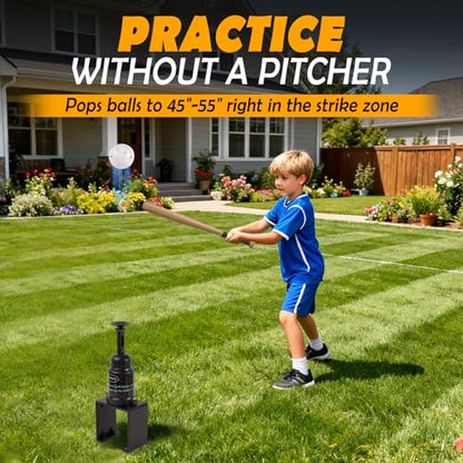 Big Ball Baseball Practice Popper, Pop Up Tee Balls to The Perfect Height for Batting Trainer, Batting Machine for Practicing Hitting Without a Pitcher - color: BLACK with 5 Big Balls