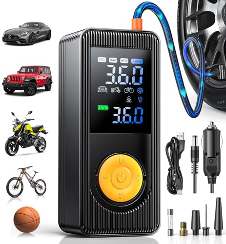 Tire Inflator Portable Air Compressor - 150 PSI 4X Fast Inflation Rechargeable Battery & 12V DC Adapter Powered Air Pump for Car Bike Motorcycle Tires Balls with LCD Display, LED Light - color: Yellow