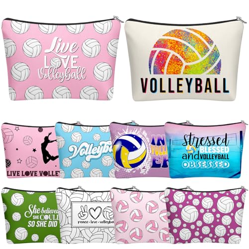 10 Pcs Volleybal Makeup Bag Gifts for Women Ladies Sport Inspirational Zipper Volleybal Cosmetic Pouch Bulk Travel Toiletry Bags Accessories for Sports Lovers Players Coach Team Gifts