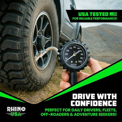Rhino USA Tire Pressure Gauge with Inflator (0-100 PSI) - Heavy Duty Air Chuck and Compressor Accessories with Stainless Braided Hose, Large Analog Dial and Solid Brass Hardware for Truck and RV