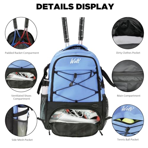 WOLT Tennis Bag - Large Tennis Racket Backpack for Men & Women - Ventilated Shoe Compartment - Holds 2 Rackets