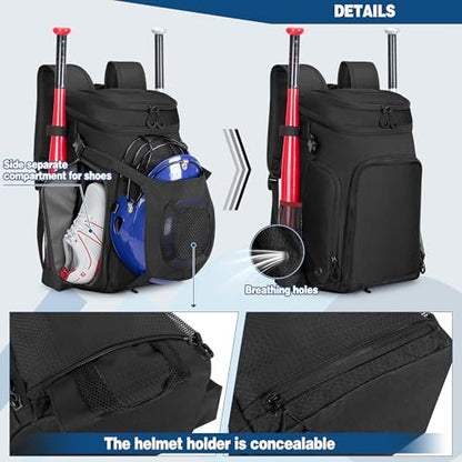 Smasrob Baseball Bag for Adult and Youth, Baseball Backpack Softball Bag with Helmet Holder, Shoe Compartment and Fence Hook - color: Black