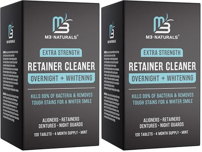 Overnight + Whitening Retainer Cleaner, Remove Stains, Discoloration, and Plaque | 4 Month Supply | Denture Cleanser with Whitening Boost,120 Tablets by M3 Naturals (Pack of 2) - size: Overnight Whitening (120 Count) (Pack of 2)