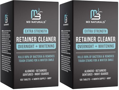 Overnight + Whitening Retainer Cleaner, Remove Stains, Discoloration, and Plaque | 4 Month Supply | Denture Cleanser with Whitening Boost,120 Tablets by M3 Naturals (Pack of 2) - size: Overnight Whitening (120 Count) (Pack of 2)