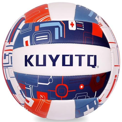 KUYUTQ Beach Volleyball Official Size 5 for in & Outdoor, Sand Volley Ball with Thickened Soft Leather Cover Outdoor Volleyball, Machine Stitched for Gym, Training & Match Play - color: Cyberpunk White-blue-orange