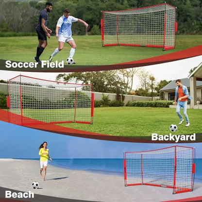 Portable Soccer Goal, Detachable 12x6 FT Soccer Goals Net for Backyard, Quick Setup Training Equipment with 1 Carry Bag, 12 Training Cones - color: Red