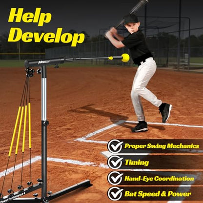 Baseball Hitting Trainer with 4 Power Bands,Auto Reset Softball Swing Trainer For Batting,Hitting Practice,Height Adjustable 31-47 inch Baseball Training Equipment With Metal Stakes & Carry Bag