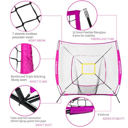 Storgem Baseball and Softball Practice Net 7×7ft Portable Hitting Pitching Batting Training Net Baseball Backstop Net and Strike Zone and Bow Frame - color: Purple