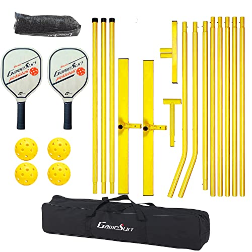 Complete Pickleball net Set for Outdoor, Indoor, Backyard use, Includes Metal Frame, 22 Feet PE net, Paddles, Balls,Carry Bag - color: Yellow