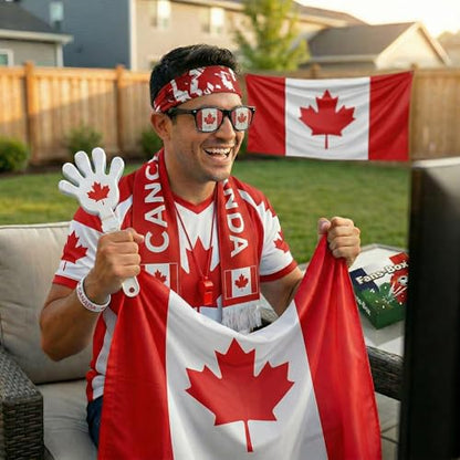 Soccer Fan Gear Set 2026-7 Piece Game Day Kit with Flag, Scarf, Glasses, Whistle, Clapper, Wristband & Headband in Gift Box - Watch Party & Stadium Essentials for Canada - color: Canada