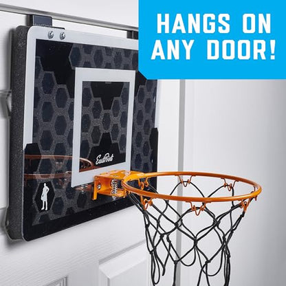 EastPoint Over-the-Door Indoor Basketball Hoop Set - Black, 18 x 12 in Backboard - Quiet Foam Ball for Indoor Basketball Game - Easy No-Drill Setup with Compact Mini Hoop for Rooms