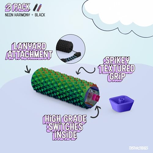 Distractibles Spike Roller Clicker, Tactile Pain Stim Fidget with Clicker Switch, Pain Stimulation Roller with Lanyard (Black + NEON Harmony) - color: Black + Neon Harmony