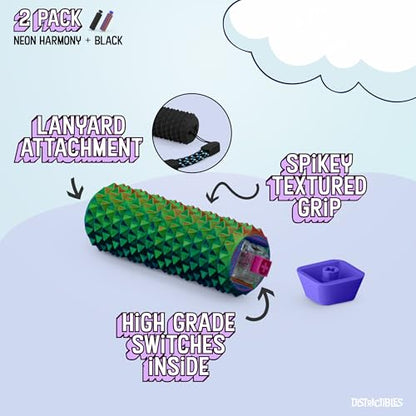 Distractibles Spike Roller Clicker, Tactile Pain Stim Fidget with Clicker Switch, Pain Stimulation Roller with Lanyard (Black + NEON Harmony) - color: Black + Neon Harmony