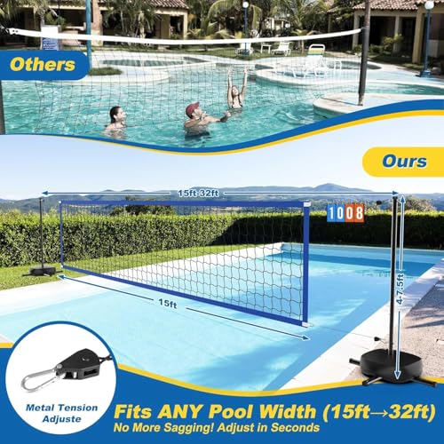 Pool Volleyball Net with 24/7 LED Lights – Adjustable Max Width 32FT Height 7.5FT, Ideal for Inground Pools, Backyard Party, Adults & Kids, Scoreboard Included