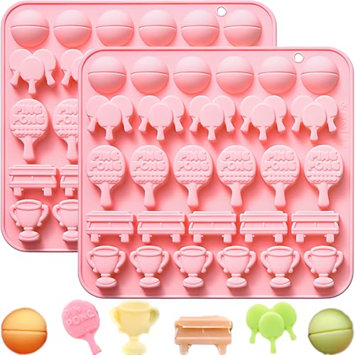 2PCS Ping Pong Chocolate Mold 28 Cavities Sport Theme Silicone Candy Molds Table Tennis Trophy Cup Ball Racket Shapes Baking Mould for Chocolate Fondant Jello Ice Cube Candle Sugar Craft Cupcake Decor - color: Pink 1