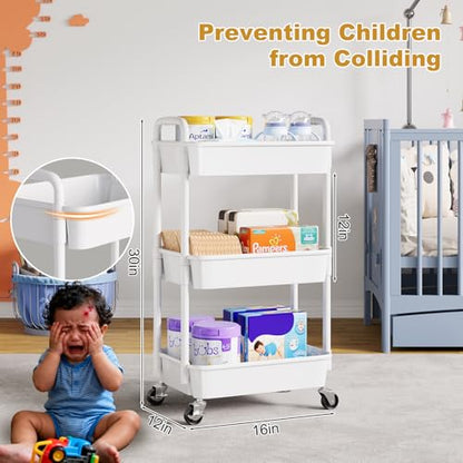 3 Tier Rolling Cart with Wheels, White Plastic Three Tiered Roller Shelf Cart on Lockable Wheels, Small Utility Storage Organzier Carts for Craft, Art, Baby Diaper Caddy, Snack, Dorm, Kitchen,Bathroom