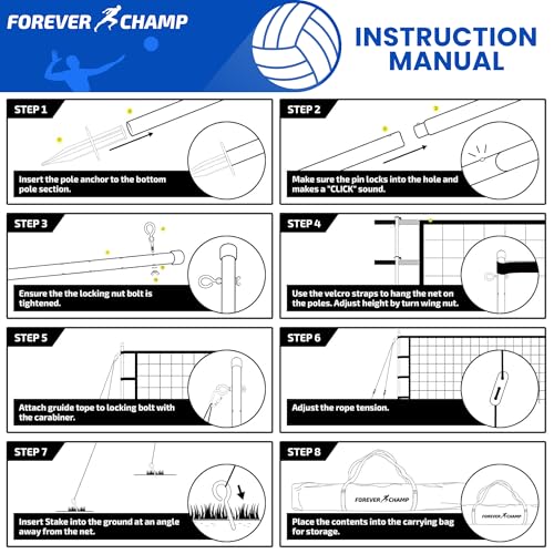 Forever Champ Volleyball Net for Backyard, Beach, Home, Includes 32x3 Ft Regulation Size Net, 8.5-Inch PU Volleyball, Carrying Bag, Boundary Lines, Steel Poles & Pump, Portable Volleyball Net Outdoor