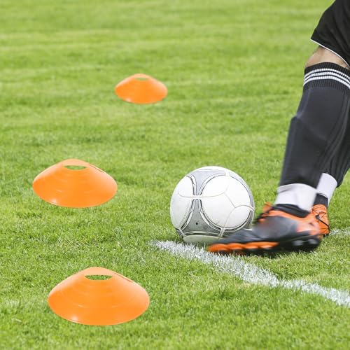 SOLUSTRE Soccer Training Cones Disc Set with Straps, 50 Orange Lightweight Agility Practice Markers, Portable Football Obstacle Equipment for Soccer Drills and Coaching