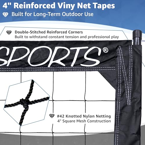 Park & Sun Sports BC-400 Professional Outdoor Volleyball Net – Regulation 39" x 32' – 18 oz Vinyl Tapes with Coated Steel Cables (Top & Bottom), Black