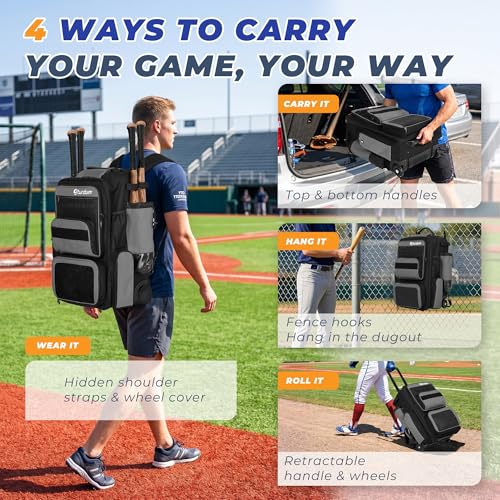 Rolling Baseball Bag with Wheels, 70L Large Capacity Baseball Backpack with Hidden Shoulder Strap, Sturdy Softball Bag with Multi-Pockets, Shoe Compartment, Fence Hooks for Players, Coaches - color: Grey