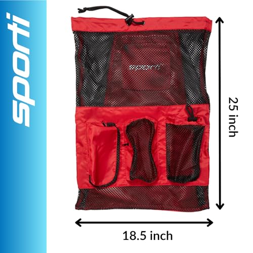 Sporti Swimming Equipment Bag Zipper Pocket, Mesh Drawstring Backpack, Drawstring Bags, Big Mesh Backpack for Workout Gear - color: Equipment - Red, style: 4. Two Shoulders & Pockets