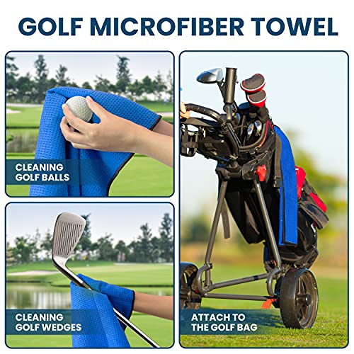 Golf Towel Pack - 3 Microfiber Waffle Pattern Golf Towels Including Golf Club Brush and Groove Cleaner Divot Repair Tool - color: Blue