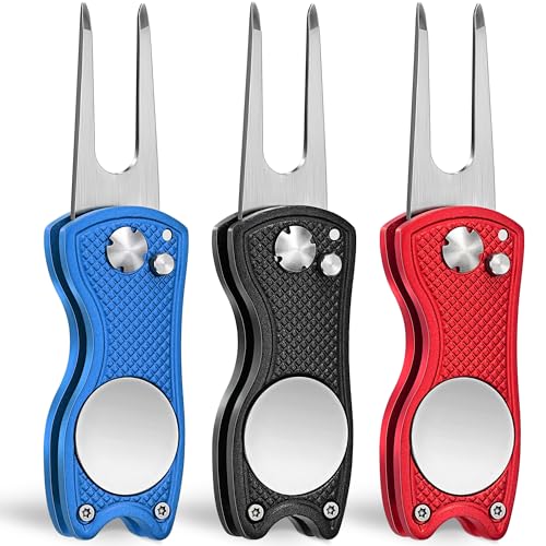 Mile High Life Golf Divot Repair Tool, All Metal Foldable Divot Tool with Pop-up Button & Magnetic Ball Marker, 2-6 Pack - color: Black/Blue/Red