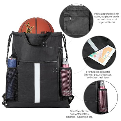 BeeGreen Mix-Black-Drawstring-Backpack-Bag, Large String Sack with Shoe Compartment and Two Side Mesh Pockets Lightweight Sturdy For Gym - color: Mix Black, style: Drawstring With Shoe Compartment