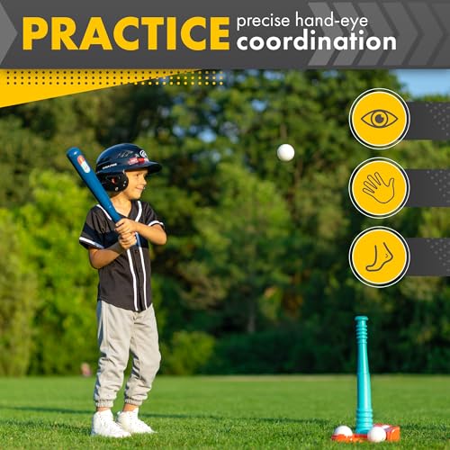 T Ball Stand for Kids and Toddlers 3-5, 5-8. Baseball Set Includes 6 Large Balls, an Adjustable Tball Batting Tee, and a Storage Net. Kids Bat & Teeball, T-Ball Sets for Kids