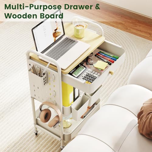 danpinera Rolling Utility Cart with Drawer, 3 Tier Rolling Cart with Wheels, Hooks & Hanging Cups, Craft Cart Art Cart Snack Cart Rolling Storage Cart with Wooden Table Top & DIY Pegboards, White - color: White, size: with pegboards