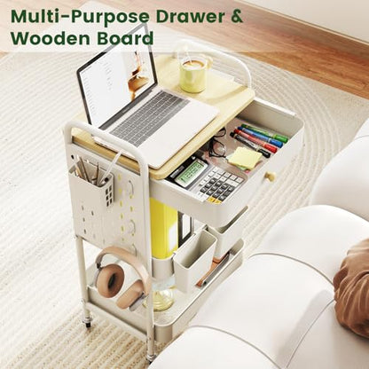 danpinera Rolling Utility Cart with Drawer, 3 Tier Rolling Cart with Wheels, Hooks & Hanging Cups, Craft Cart Art Cart Snack Cart Rolling Storage Cart with Wooden Table Top & DIY Pegboards, White - color: White, size: with pegboards