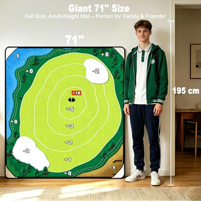 HOTWIND Golf Chipping Game Mat 71" x 71" 2-Sided Hook & Loop Sticky Golf Practice Pad with Stand Portable Indoor Outdoor Backyard Camping Golf Game Accessories for Family Adults Not Included